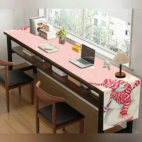 Holiday Pink Christmas Linen Snowman Table Runner - Picture 2 of 3